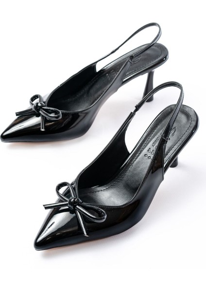 Kadın AYAKKABIİNF-4500 Siyah Rugan Günlük Arkası Açık Fiyonklu Topuklu Bayan Ayakkabı