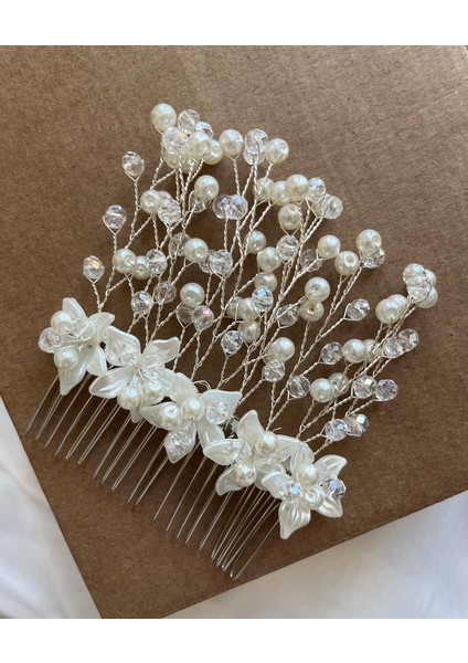 D46 -Elora Petals Inci ve Kristal Boncuk Süslemeli Çiçek Detaylı Gelin Saç Tarağı Nikah Saç Aksesuarı