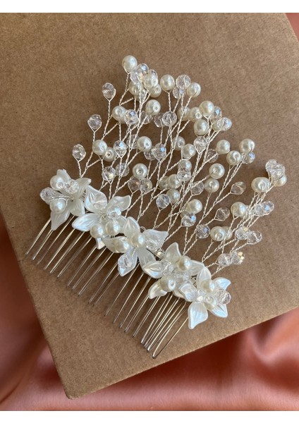 D46 -Elora Petals Inci ve Kristal Boncuk Süslemeli Çiçek Detaylı Gelin Saç Tarağı Nikah Saç Aksesuarı modelleri
