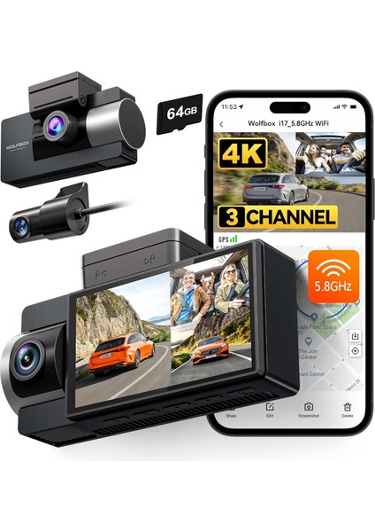 I17 4K 3 Kanallı Araç Içi Kamera, Ön, Iç ve Arka 4K + 1080P + 1080P, 5,8 Ghz Wifi