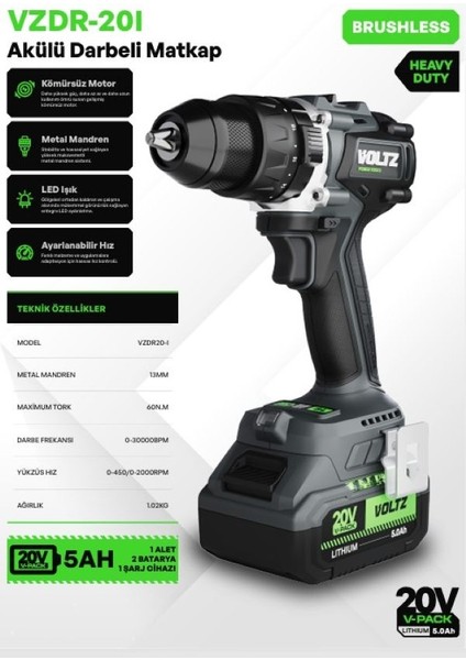VZDR-20I Akülü Darbeli Matkap - 60NM - Kömürsüz - Ağır Hizmet - 13 mm Metal Mandren - LED Işık - Aya