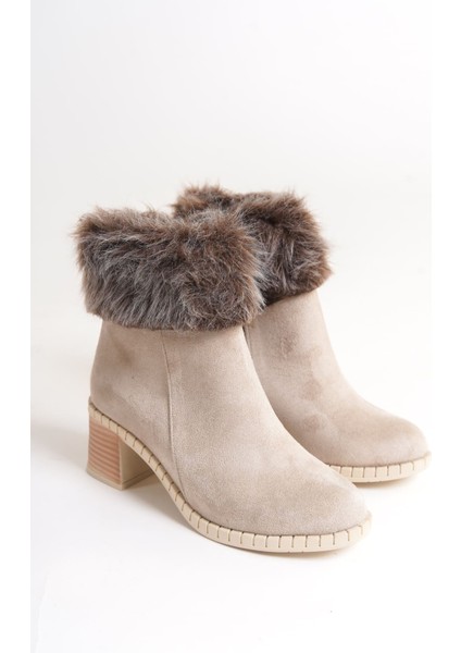 Julıa Fermuarlı Ortopedik Taban Tüylü Topuklu Süet Kadın Bot Skt - Krem fırsatları