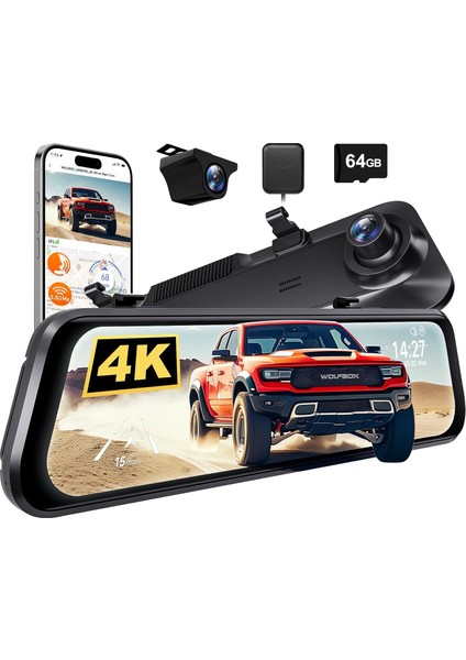 G850 Pro 4K Ayna Dashcam, Döngü Kayıt, 64 GB Kart Dahil, Dokunmatik Ekran, Park Monitörü