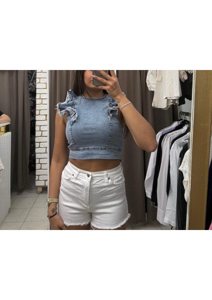 Fırfırlı Kot Crop Bluz modelleri