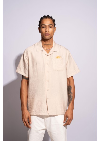 Erkek Kısa Kollu Oversize Gömlek Sun Krem
