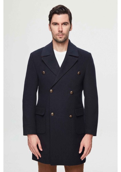 Ds Damat Regular Fit Lacivert Balıksırtı Denizci Metal Düğme Detaylı Kaşe Palto