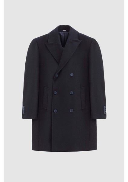 Lacivert Balıksırtı Kruvaze Palto Uzun Kol Astarlı Erkek Günlük Kullanım