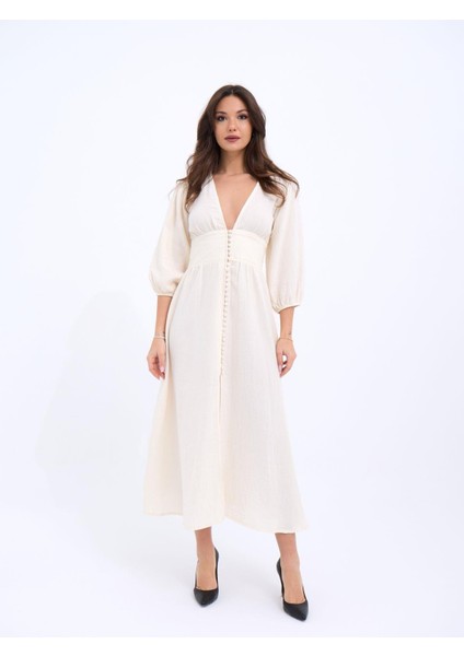 7096 Elbise-Krem L-Krem