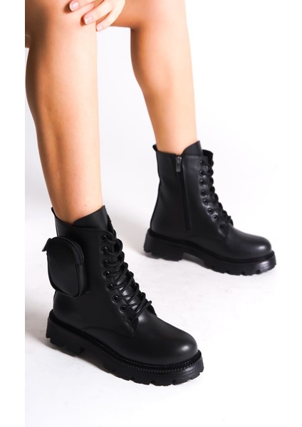 Gına Bağcıklı Fermuarlı Ortopedik Taban Çantalı Kadın Bot Cst - Siyah