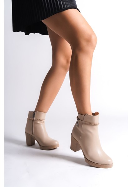 Arıa Fermuarlı Ortopedik Taban Taşlı Topuklu Kadın Bot Ctt - Ten