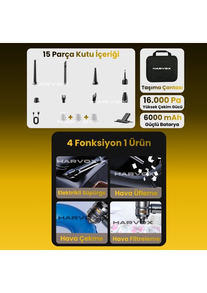 16000PA Güçlü Vakum Araç Süpürgesi Taşınabilir Çantalı 6000MAH Bataryalı Üflemeli fiyatları