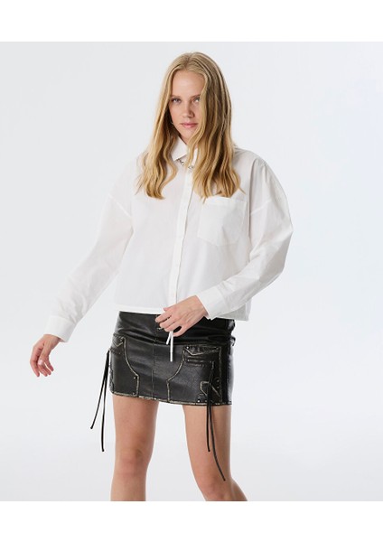 Slogan Şeritli Poplin Bluz TW6250006073018