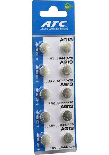 Atc Alkaline Button Battery AG13 LR-44/A76 Düğme Pil Alkalin 1.5V 10LU Kart