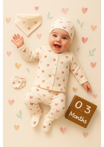 0-3 Ay Kız Ay Renkli Kalpli 5'li Hastane Çıkışı Set