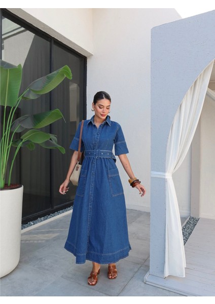 Gömlek Yaka Kemerli Cep Detay Denim Elbise
