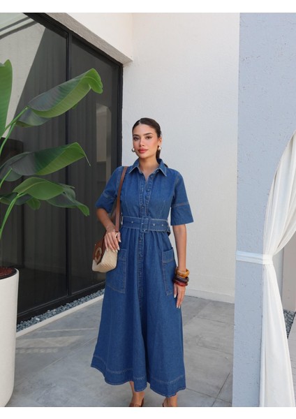 Gömlek Yaka Kemerli Cep Detay Denim Elbise fiyatları