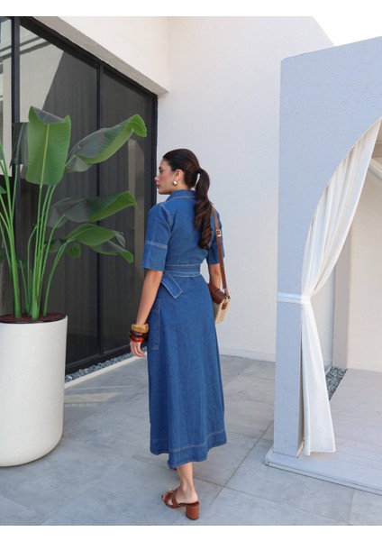 Gömlek Yaka Kemerli Cep Detay Denim Elbise indirimleri
