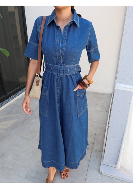 Gömlek Yaka Kemerli Cep Detay Denim Elbise
