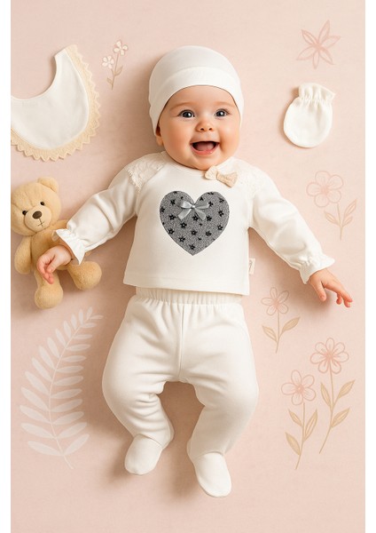 0-3 Ay Kız Çocuk Dantelli Taşlı Kalpli 5'li Hastane Çıkışı Set