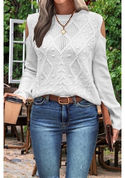 Kadın Bisiklet Yaka File Detaylı Saç Örgü Yürütme Desenli Omuz Detaylı Triko Kazak