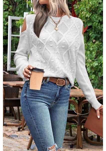 Kadın Bisiklet Yaka File Detaylı Saç Örgü Yürütme Desenli Omuz Detaylı Triko Kazak fiyatları