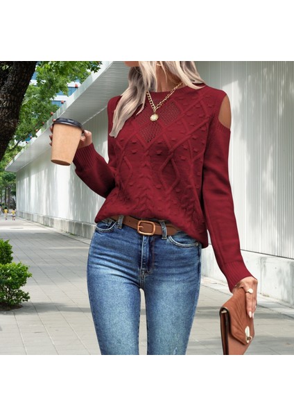 Kadın Bisiklet Yaka File Detaylı Saç Örgü Yürütme Desenli Omuz Detaylı Triko Kazak