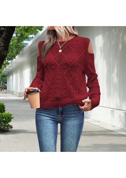 Kadın Bisiklet Yaka File Detaylı Saç Örgü Yürütme Desenli Omuz Detaylı Triko Kazak fırsatları