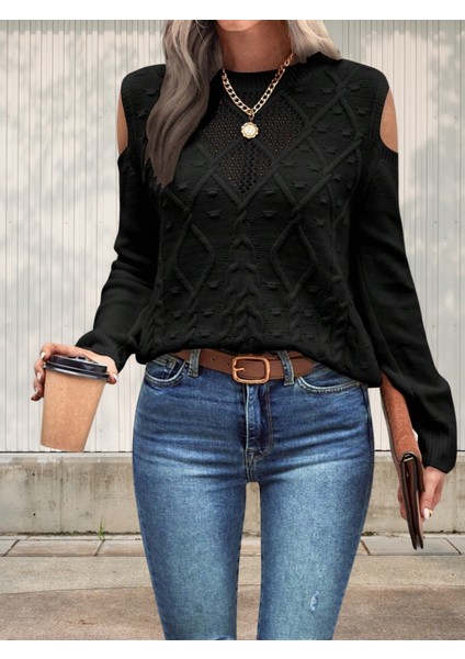 Kadın Bisiklet Yaka File Detaylı Saç Örgü Yürütme Desenli Omuz Detaylı Triko Kazak modelleri