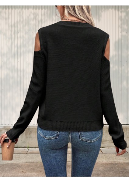 Kadın Bisiklet Yaka File Detaylı Saç Örgü Yürütme Desenli Omuz Detaylı Triko Kazak fırsatları