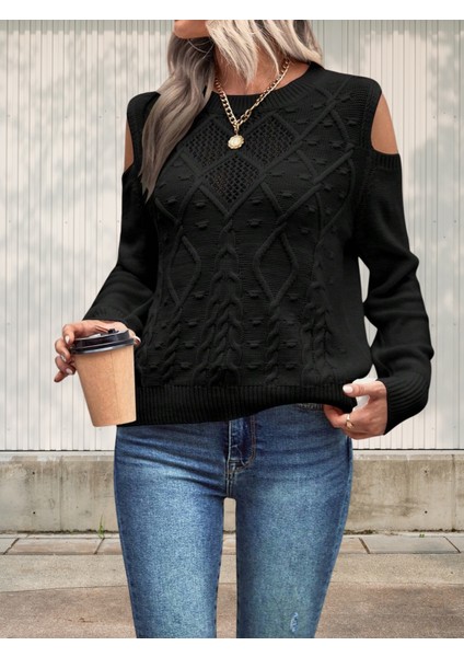 Kadın Bisiklet Yaka File Detaylı Saç Örgü Yürütme Desenli Omuz Detaylı Triko Kazak indirimleri