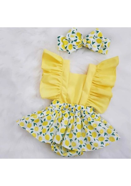 Kız Bebek Limon Desenli Sarıfırfır Salopet &bandana Set