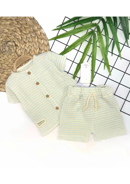 9-12-18-24 Ay Düğme Detaylı Çizgili Müslin Kumaş Yazlık 2li Erkek Bebek Takımı