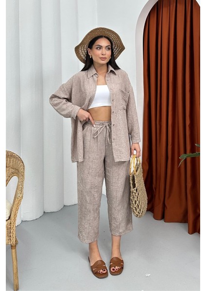 Kadın Alt Üst Takım Yazlık Keten Cep Detaylı Pantolon Gömlek Ikili Takım fiyatları