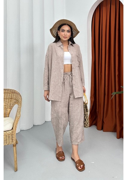 Kadın Alt Üst Takım Yazlık Keten Cep Detaylı Pantolon Gömlek Ikili Takım modelleri