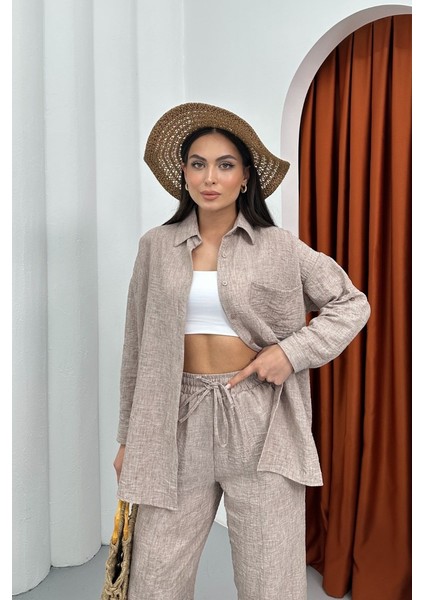 Kadın Alt Üst Takım Yazlık Keten Cep Detaylı Pantolon Gömlek Ikili Takım indirimleri