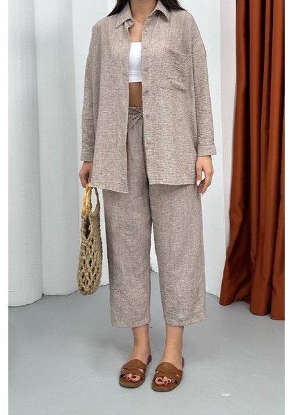 Kadın Alt Üst Takım Yazlık Keten Cep Detaylı Pantolon Gömlek Ikili Takım