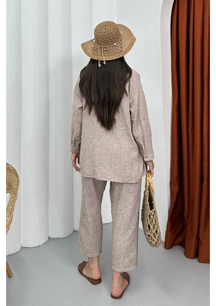 Kadın Alt Üst Takım Yazlık Keten Cep Detaylı Pantolon Gömlek Ikili Takım