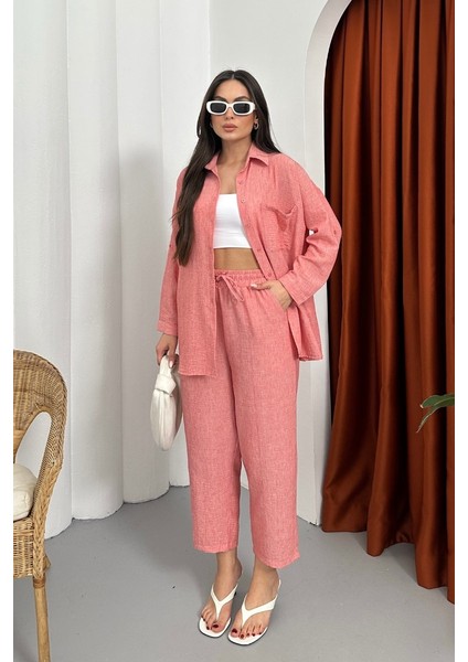 Kadın Alt Üst Takım Yazlık Keten Cep Detaylı Pantolon Gömlek Ikili Takım
