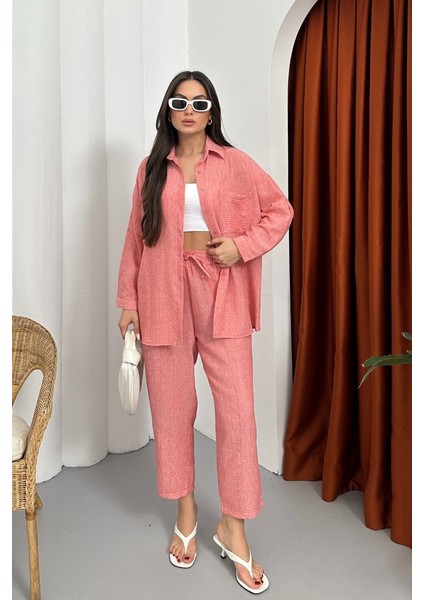 Kadın Alt Üst Takım Yazlık Keten Cep Detaylı Pantolon Gömlek Ikili Takım fiyatları