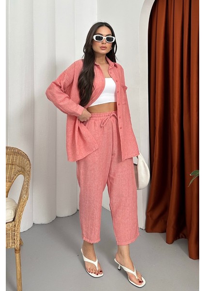 Kadın Alt Üst Takım Yazlık Keten Cep Detaylı Pantolon Gömlek Ikili Takım modelleri