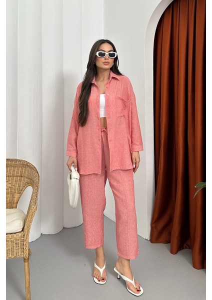 Kadın Alt Üst Takım Yazlık Keten Cep Detaylı Pantolon Gömlek Ikili Takım fırsatları