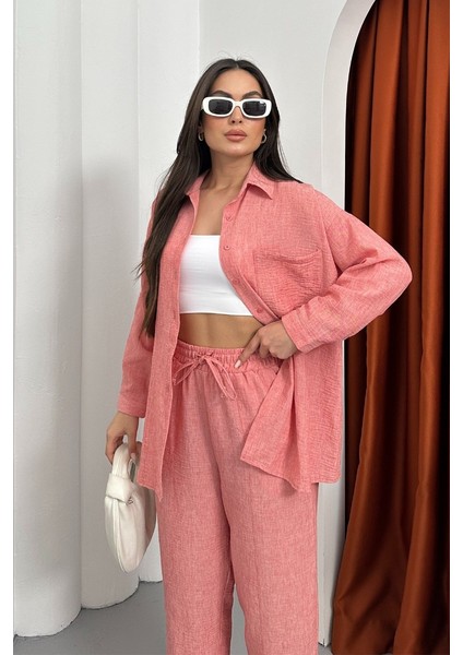 Kadın Alt Üst Takım Yazlık Keten Cep Detaylı Pantolon Gömlek Ikili Takım indirimleri