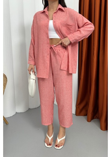 Kadın Alt Üst Takım Yazlık Keten Cep Detaylı Pantolon Gömlek Ikili Takım