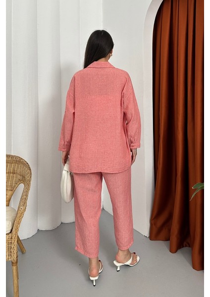 Kadın Alt Üst Takım Yazlık Keten Cep Detaylı Pantolon Gömlek Ikili Takım