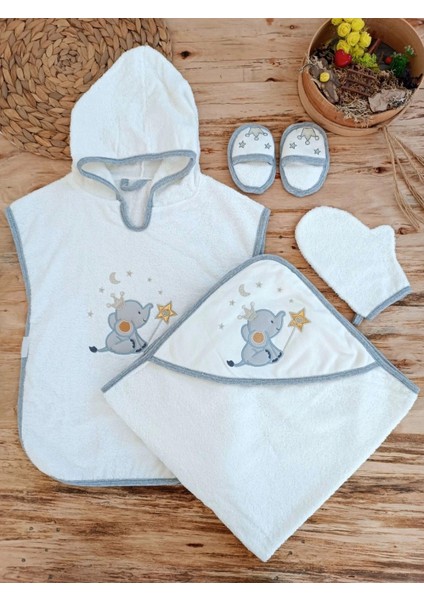 0-1 Yaş Sevimli Fil Nakışlı Pareolu 4lü Kız Erkek Bebek Havlu Silgi Takımı