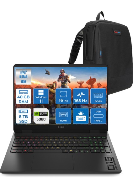 Omen Slim 16-AM0000NT Intel Core Ultra 9 285H 40GB Ddr5 8tb SSD RTX5060 8gb Gddr7 16 Inç Wuxga (1920X1200) 165Hz 400NITS 3ms IPS Windows 11 Home Taşınabilir Bilgisayar BQ3Z2EAH24 + Zetta Çanta