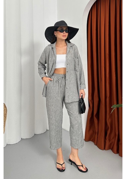 Kadın Alt Üst Takım Yazlık Keten Cep Detaylı Pantolon Gömlek Ikili Takım