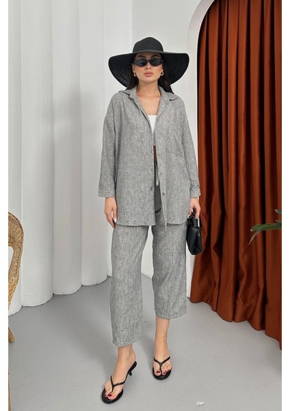 Kadın Alt Üst Takım Yazlık Keten Cep Detaylı Pantolon Gömlek Ikili Takım modelleri