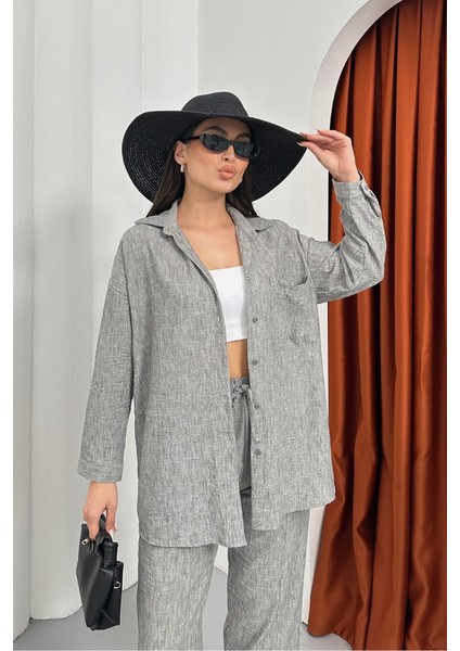Kadın Alt Üst Takım Yazlık Keten Cep Detaylı Pantolon Gömlek Ikili Takım fırsatları