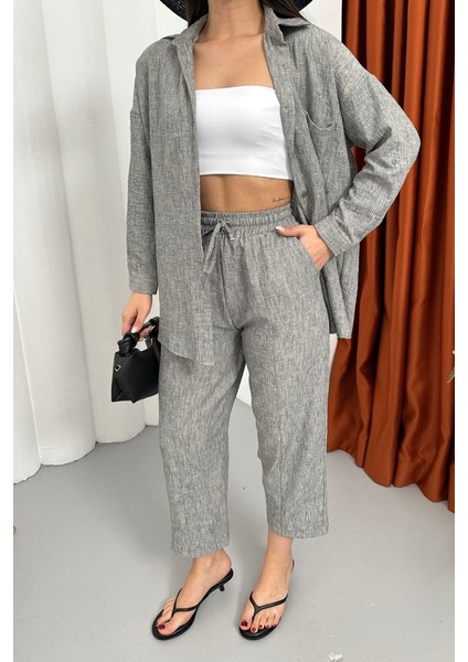 Kadın Alt Üst Takım Yazlık Keten Cep Detaylı Pantolon Gömlek Ikili Takım indirimleri